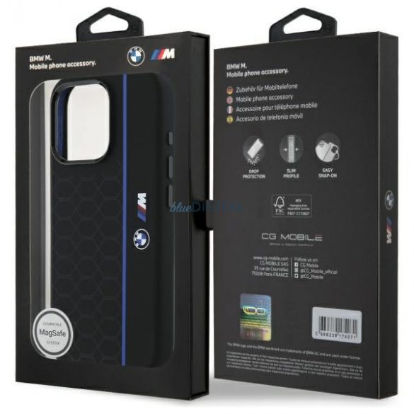 BMW BMHMP16L23SHEB Carcasă din silicon Hexagon Blue Line compatibilă cu MagSafe pentru iPhone 16 Pro - negru