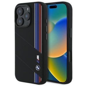 BMW BMHMP16X23SCUK Silicon Cut Tricolor Lines Carcasă tare compatibilă MagSafe pentru iPhone 16 Pro Max - negru