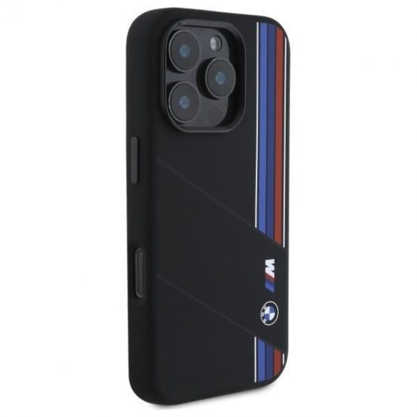 BMW BMHMP16X23SCUK Silicon Cut Tricolor Lines Carcasă tare compatibilă MagSafe pentru iPhone 16 Pro Max - negru