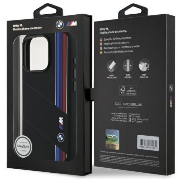 BMW BMHMP16X23SCUK Silicon Cut Tricolor Lines Carcasă tare compatibilă MagSafe pentru iPhone 16 Pro Max - negru