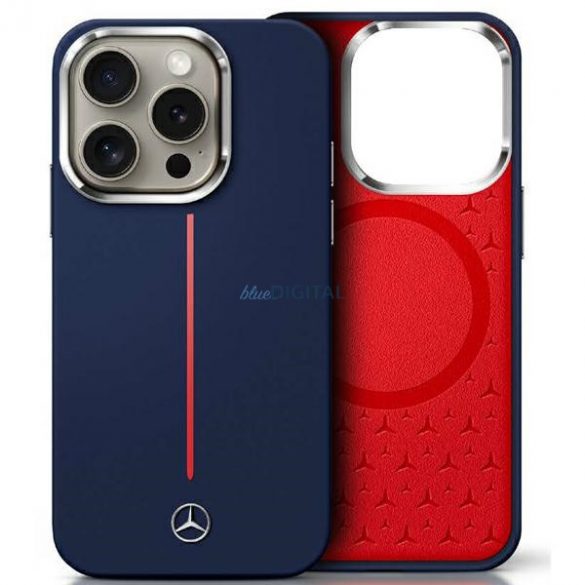 Mercedes MEHMP16X23SUMRV Carcasă din silicon cu dungi roșii compatibilă cu MagSafe pentru iPhone 16 Pro - Navy Blue