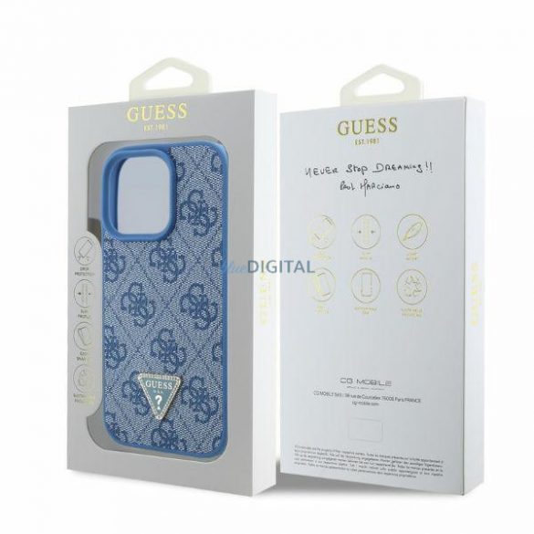 Guess GUHCP16LP4TDPB Piele 4G Triangle Strass Hard Case iPhone 16 Pro - Albastru