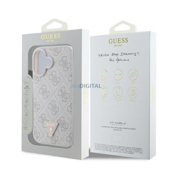 Guess GUHCP16SP4TDPP Husă din piele 4G Triangle Strass pentru iPhone 16 - roz