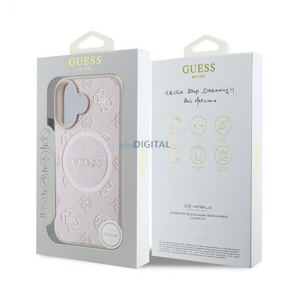 Guess GUHMP16MPSAPSMEP Saffiano Peony Classic Logo Carcasă tare MagSafe pentru iPhone 16 Plus - roz