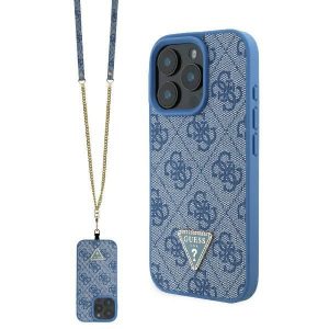 Guess GUHCP16LP4TDSCPB Piele Metal Logo Strass Crossbody hardcase iPhone 16 Pro - Albastru