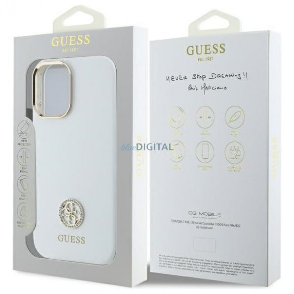 Guess GUHCP16SM4DGPH Carcasă din silicon cu logo Strass 4G pentru iPhone 16 - alb