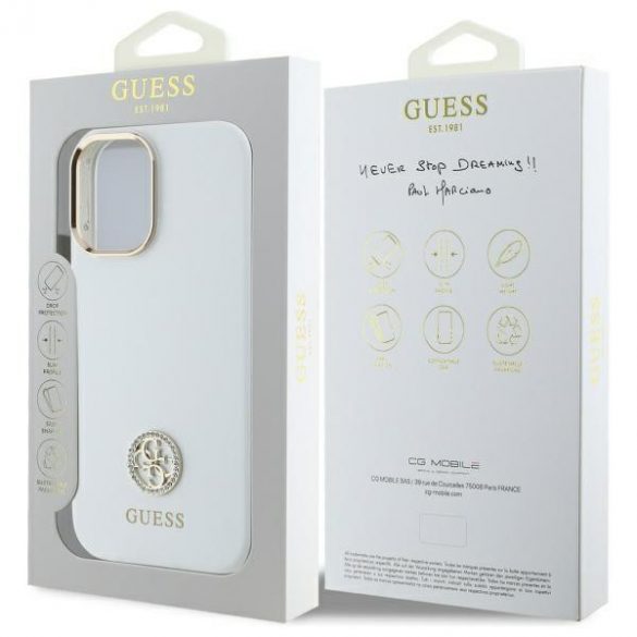 Guess GUHCP16SM4DGPH Carcasă din silicon cu logo Strass 4G pentru iPhone 16 - alb