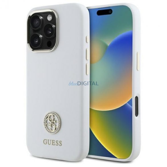 Guess GUHCP16LM4DGPH Carcasă din silicon cu logo Strass 4G pentru iPhone 16 Pro - alb