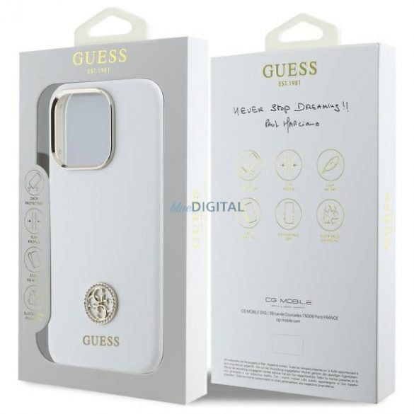 Guess GUHCP16LM4DGPH Carcasă din silicon cu logo Strass 4G pentru iPhone 16 Pro - alb