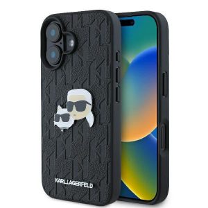 Karl Lagerfeld KLHCP16SPGKLKCPK Monogramă Karl&Chaoupette Cap Pin Hard Case pentru iPhone 16 - Negru