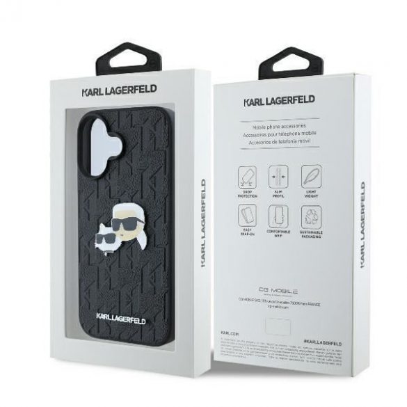 Karl Lagerfeld KLHCP16SPGKLKCPK Monogramă Karl&Chaoupette Cap Pin Hard Case pentru iPhone 16 - Negru