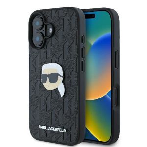 Karl Lagerfeld KLHCP16SPGKLKIPK Monogramă Karl Head Pin Hard Case pentru iPhone 16 - Negru