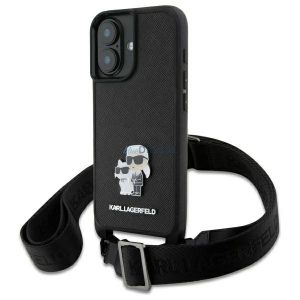 Karl Lagerfeld KLHCP16SSAKCPBK Saffiano Karl&Choupette Metal Pin CBDY Strap husă tare pentru iPhone 16 - negru