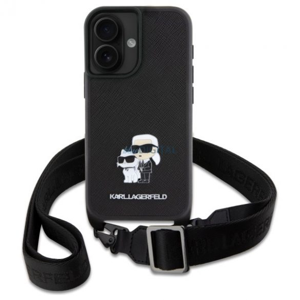 Karl Lagerfeld KLHCP16SSAKCPBK Saffiano Karl&Choupette Metal Pin CBDY Strap husă tare pentru iPhone 16 - negru