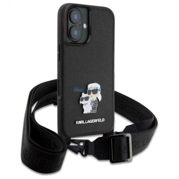 Karl Lagerfeld KLHCP16SSAKCPBK Saffiano Karl&Choupette Metal Pin CBDY Strap husă tare pentru iPhone 16 - negru