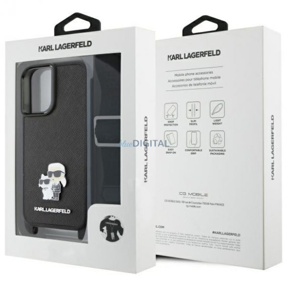 Karl Lagerfeld KLHCP16SSAKCPBK Saffiano Karl&Choupette Metal Pin CBDY Strap husă tare pentru iPhone 16 - negru