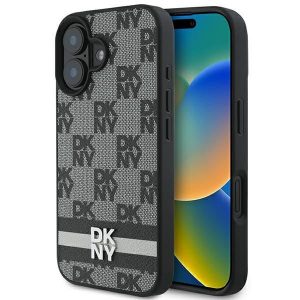 DKNY DKHCP16SPCPTSSK Model în carouri și dungi imprimate husă pentru iPhone 16 - negru