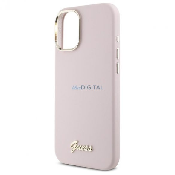 Guess GUHCP16MSMBSLP Silicon Script Metal Logo carcasă tare pentru iPhone 16 Plus - roz