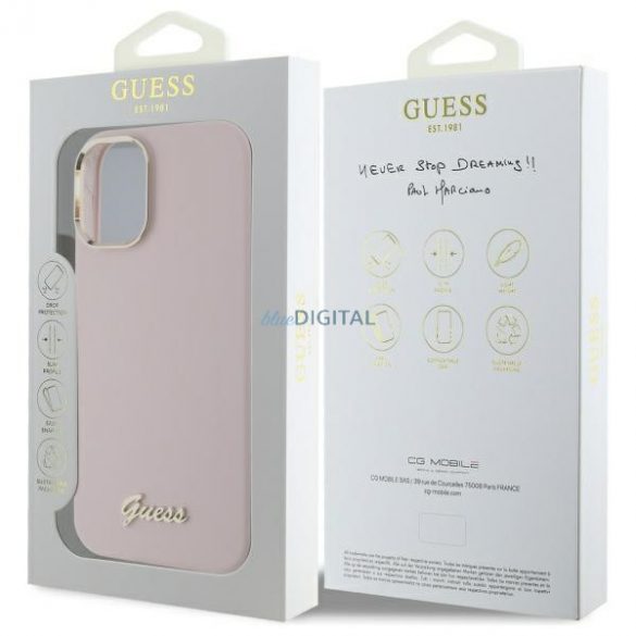 Guess GUHCP16MSMBSLP Silicon Script Metal Logo carcasă tare pentru iPhone 16 Plus - roz