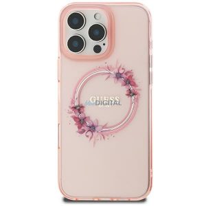 Guess GUHMP16SHFWFCP IML Flowers Wreath MagSafe carcasă tare pentru iPhone 16 - roz