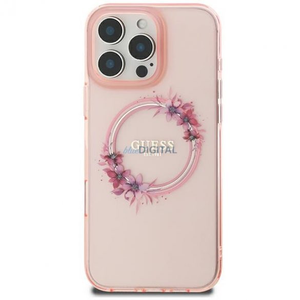 Guess GUHMP16SHFWFCP IML Flowers Wreath MagSafe carcasă tare pentru iPhone 16 - roz