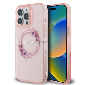 Guess GUHMP16LHFWFCP IML Flowers Wreath MagSafe carcase rigide pentru iPhone 16 Pro - roz