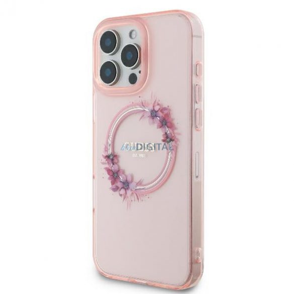 Guess GUHMP16LHFWFCP IML Flowers Wreath MagSafe carcase rigide pentru iPhone 16 Pro - roz