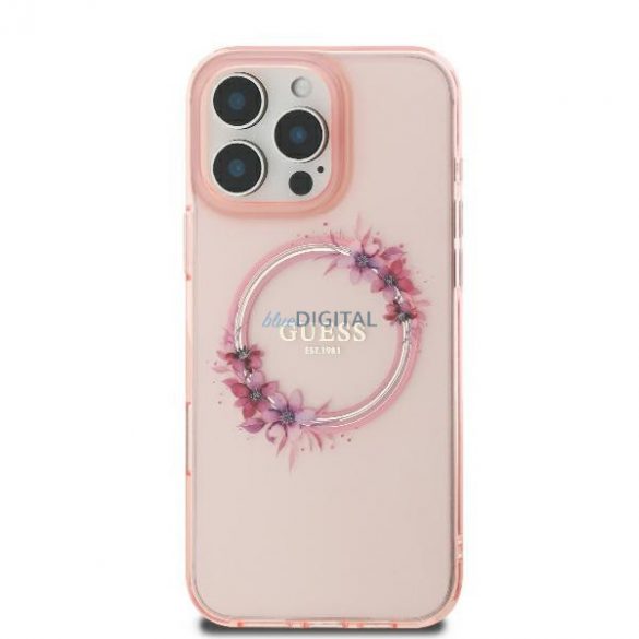 Guess GUHMP16LHFWFCP IML Flowers Wreath MagSafe carcase rigide pentru iPhone 16 Pro - roz