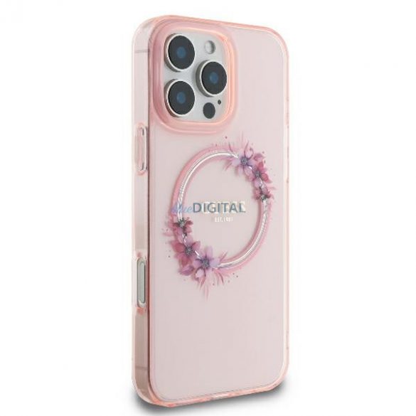 Guess GUHMP16LHFWFCP IML Flowers Wreath MagSafe carcase rigide pentru iPhone 16 Pro - roz