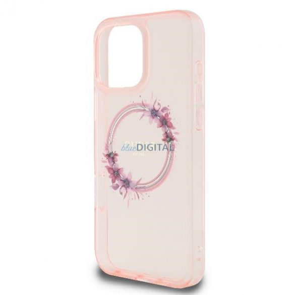 Guess GUHMP16LHFWFCP IML Flowers Wreath MagSafe carcase rigide pentru iPhone 16 Pro - roz