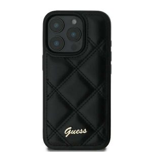 Guess GUHCP16SPSQSQSK Carcasă rigidă cu logo-ul Quiled Metal pentru iPhone 16 - negru