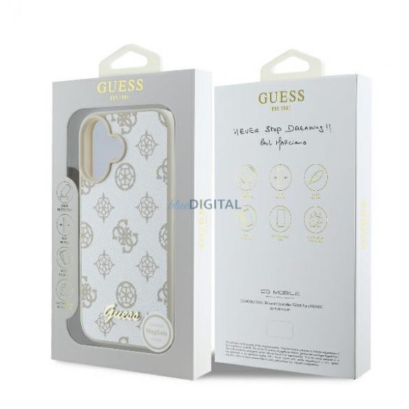 Guess GUHMP16SPGPYSH Peony Script Logo Carcasă tare MagSafe pentru iPhone 16 - alb