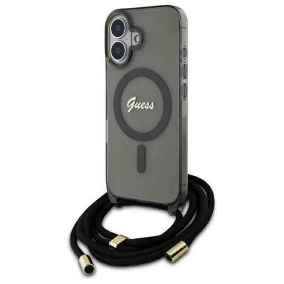 Guess GUHMP16SHCTSGNSK Crossbody Cord Script MagSafe Carcasă tare compatibilă cu MagSafe pentru iPhone 16 - negru