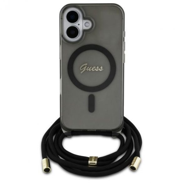 Guess GUHMP16SHCTSGNSK Crossbody Cord Script MagSafe Carcasă tare compatibilă cu MagSafe pentru iPhone 16 - negru