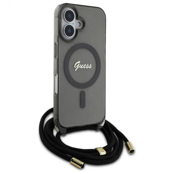 Guess GUHMP16SHCTSGNSK Crossbody Cord Script MagSafe Carcasă tare compatibilă cu MagSafe pentru iPhone 16 - negru