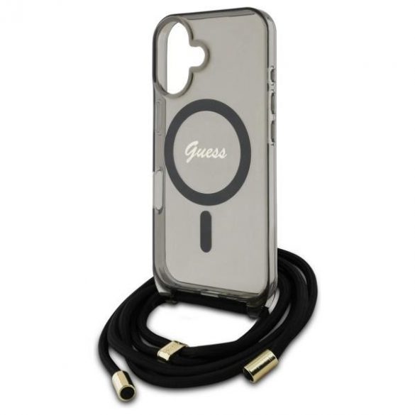 Guess GUHMP16SHCTSGNSK Crossbody Cord Script MagSafe Carcasă tare compatibilă cu MagSafe pentru iPhone 16 - negru