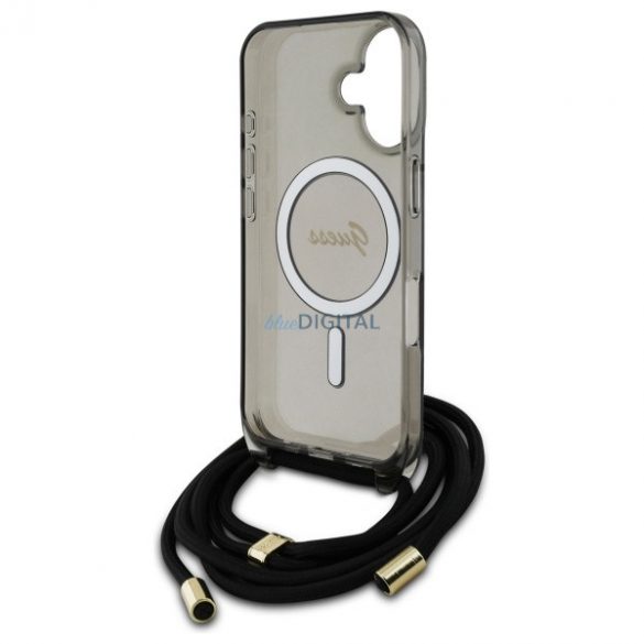 Guess GUHMP16SHCTSGNSK Crossbody Cord Script MagSafe Carcasă tare compatibilă cu MagSafe pentru iPhone 16 - negru