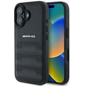 AMG AMHCP16SGSEBK Carcasă din piele cu linii în relief și logo negru pentru iPhone 16 - Negru