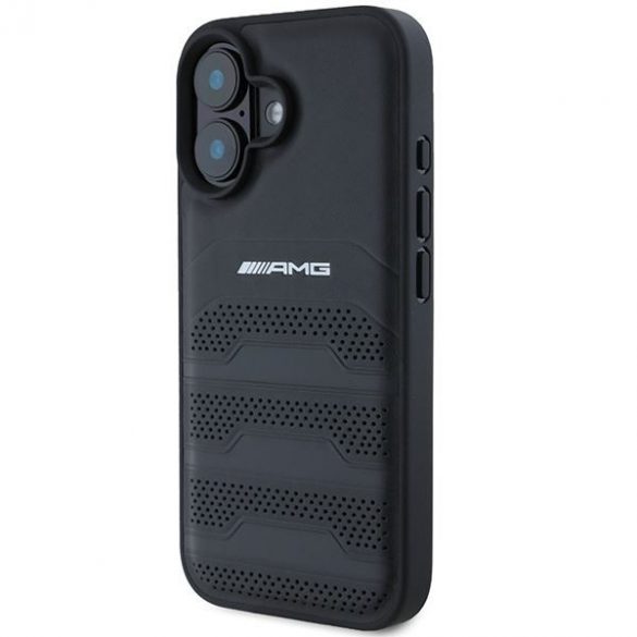 AMG AMHCP16SGSEBK Carcasă din piele cu linii în relief și logo negru pentru iPhone 16 - Negru