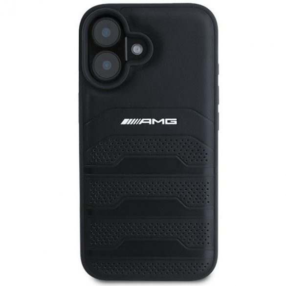 AMG AMHCP16SGSEBK Carcasă din piele cu linii în relief și logo negru pentru iPhone 16 - Negru