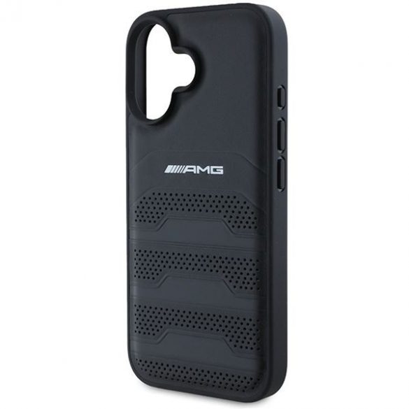 AMG AMHCP16SGSEBK Carcasă din piele cu linii în relief și logo negru pentru iPhone 16 - Negru