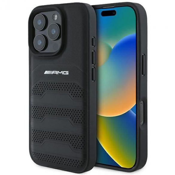 AMG AMHCP16LGSEBK Carcasă din piele cu linii în relief și logo negru pentru iPhone 16 Pro - Negru