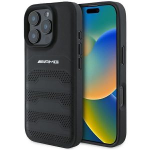 AMG AMHCP16XGSEBK Carcasă din piele cu linii în relief și logo negru pentru iPhone 16 Pro Max - Negru