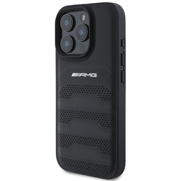 AMG AMHCP16XGSEBK Carcasă din piele cu linii în relief și logo negru pentru iPhone 16 Pro Max - Negru