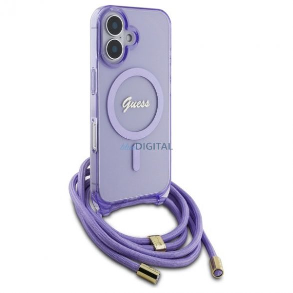 Guess GUHMP16SHCTSGNSU Crossbody Cord Script MagSafe Carcasă tare compatibilă cu MagSafe pentru iPhone 16 - violet