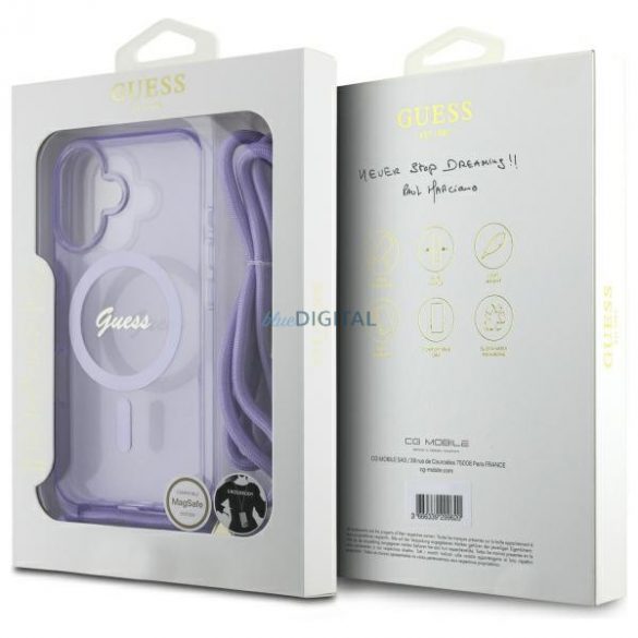 Guess GUHMP16SHCTSGNSU Crossbody Cord Script MagSafe Carcasă tare compatibilă cu MagSafe pentru iPhone 16 - violet