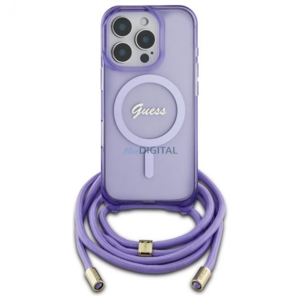 Guess GUHMP16LHCTSGNSU Crossbody Cord Script MagSafe Carcasă tare compatibilă cu MagSafe pentru iPhone 16 Pro - violet