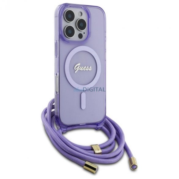 Guess GUHMP16LHCTSGNSU Crossbody Cord Script MagSafe Carcasă tare compatibilă cu MagSafe pentru iPhone 16 Pro - violet