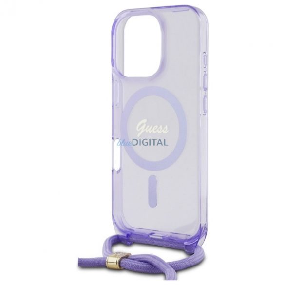 Guess GUHMP16LHCTSGNSU Crossbody Cord Script MagSafe Carcasă tare compatibilă cu MagSafe pentru iPhone 16 Pro - violet