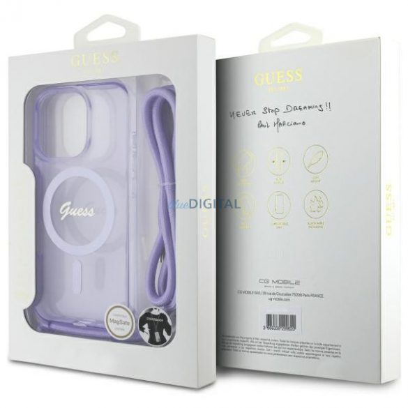 Guess GUHMP16LHCTSGNSU Crossbody Cord Script MagSafe Carcasă tare compatibilă cu MagSafe pentru iPhone 16 Pro - violet